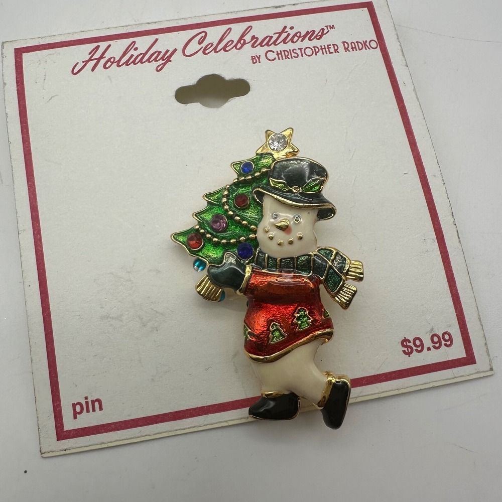 CHRISTOPHER RADKO CHRISTMAS SNOWMAN RHINESTONE & ENAMEL PIN BROOCH